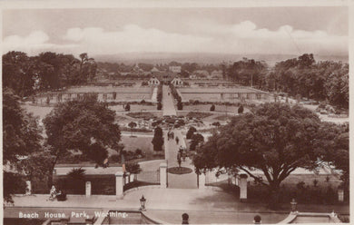Vintage black and white photograph of a park with pathways and trees, labeled 'Beach House Park, Worthing'.