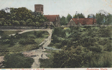 Load image into Gallery viewer, Vintage postcard of a church and surrounding greenery with a path leading to it.

