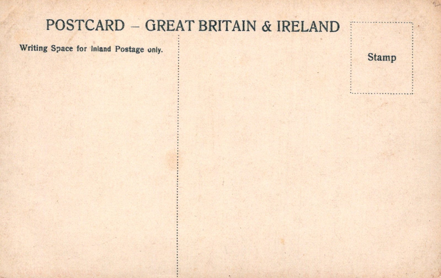 Vintage postcard back with text and stamp area for Great Britain & Ireland