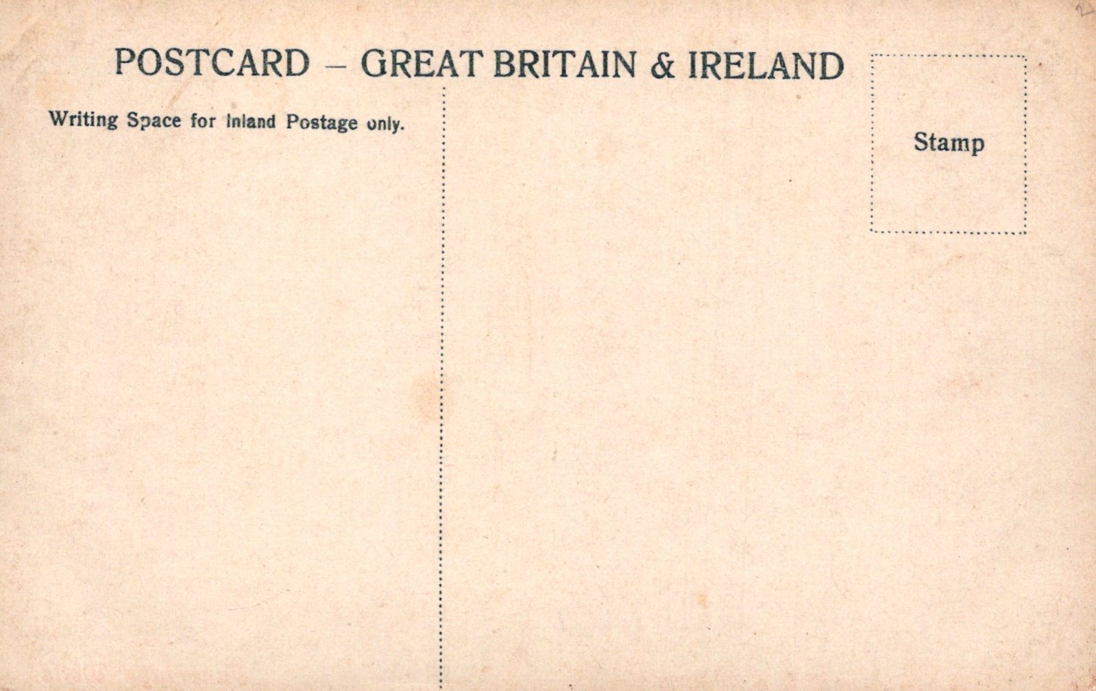 Vintage postcard back with text and stamp area for Great Britain & Ireland