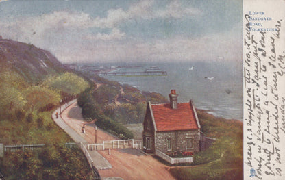 Vintage-style painting of a coastal scene with a small house, path, and sea.