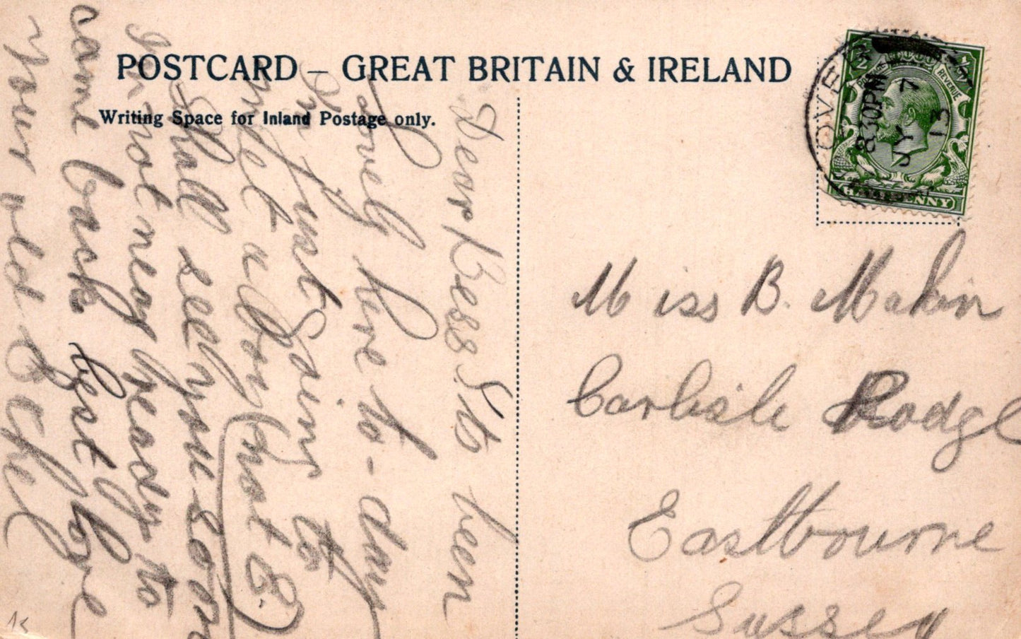 Vintage postcard from Great Britain & Ireland with handwritten text and a stamp.