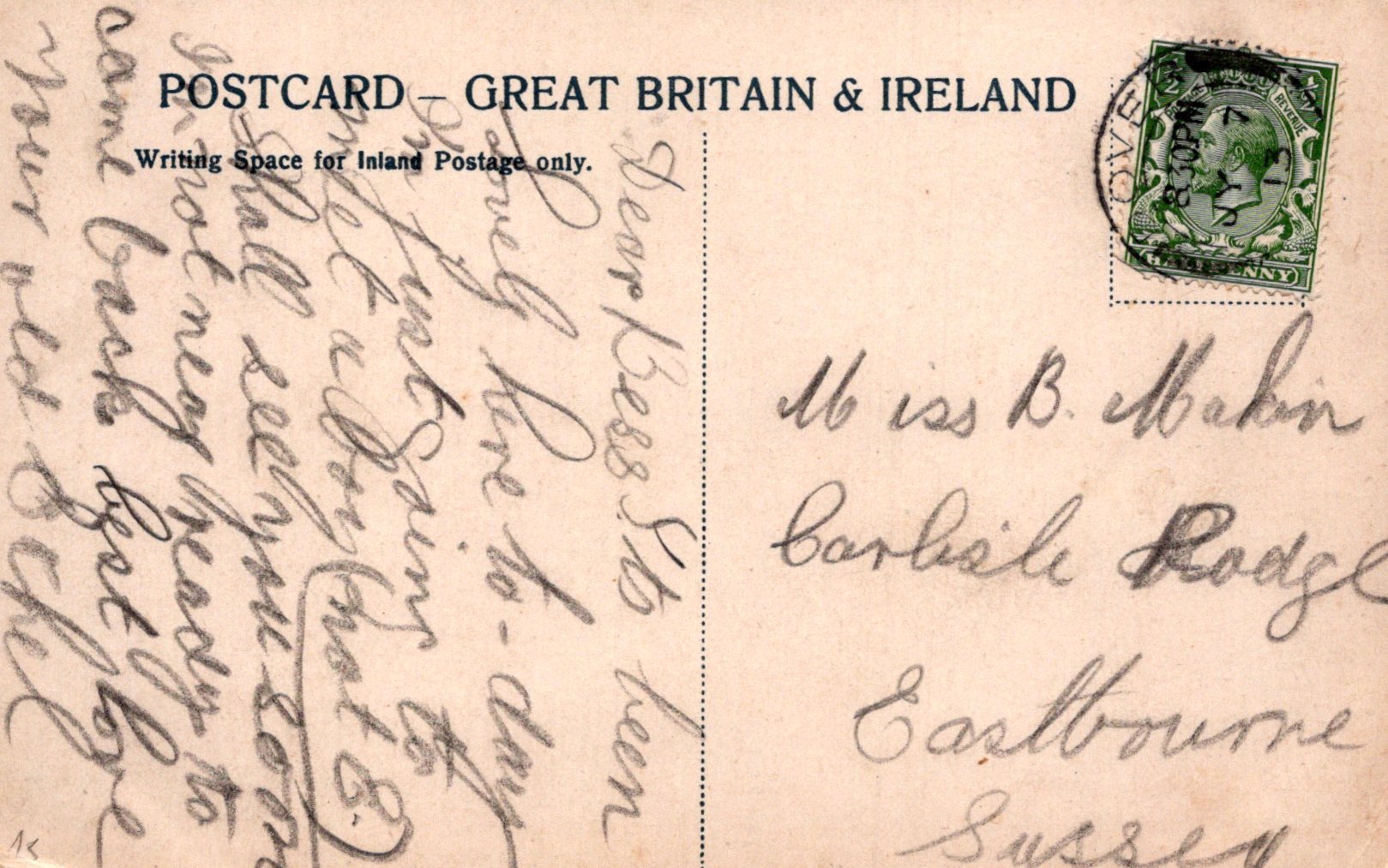 Vintage postcard from Great Britain & Ireland with handwritten text and a stamp.