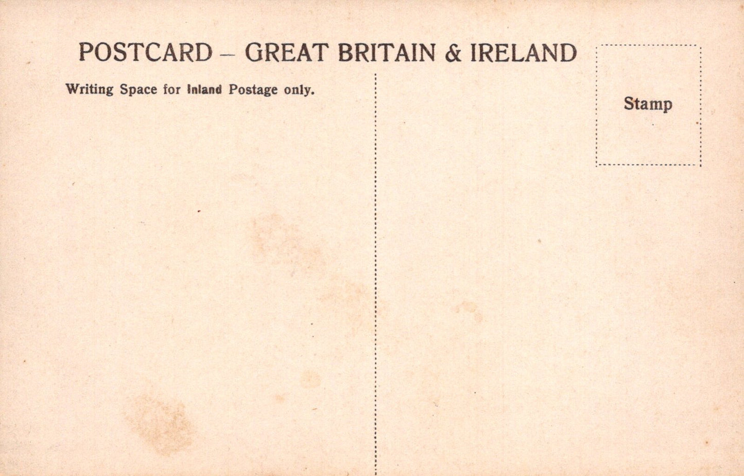 Vintage postcard from Great Britain & Ireland with stamp area and writing space.