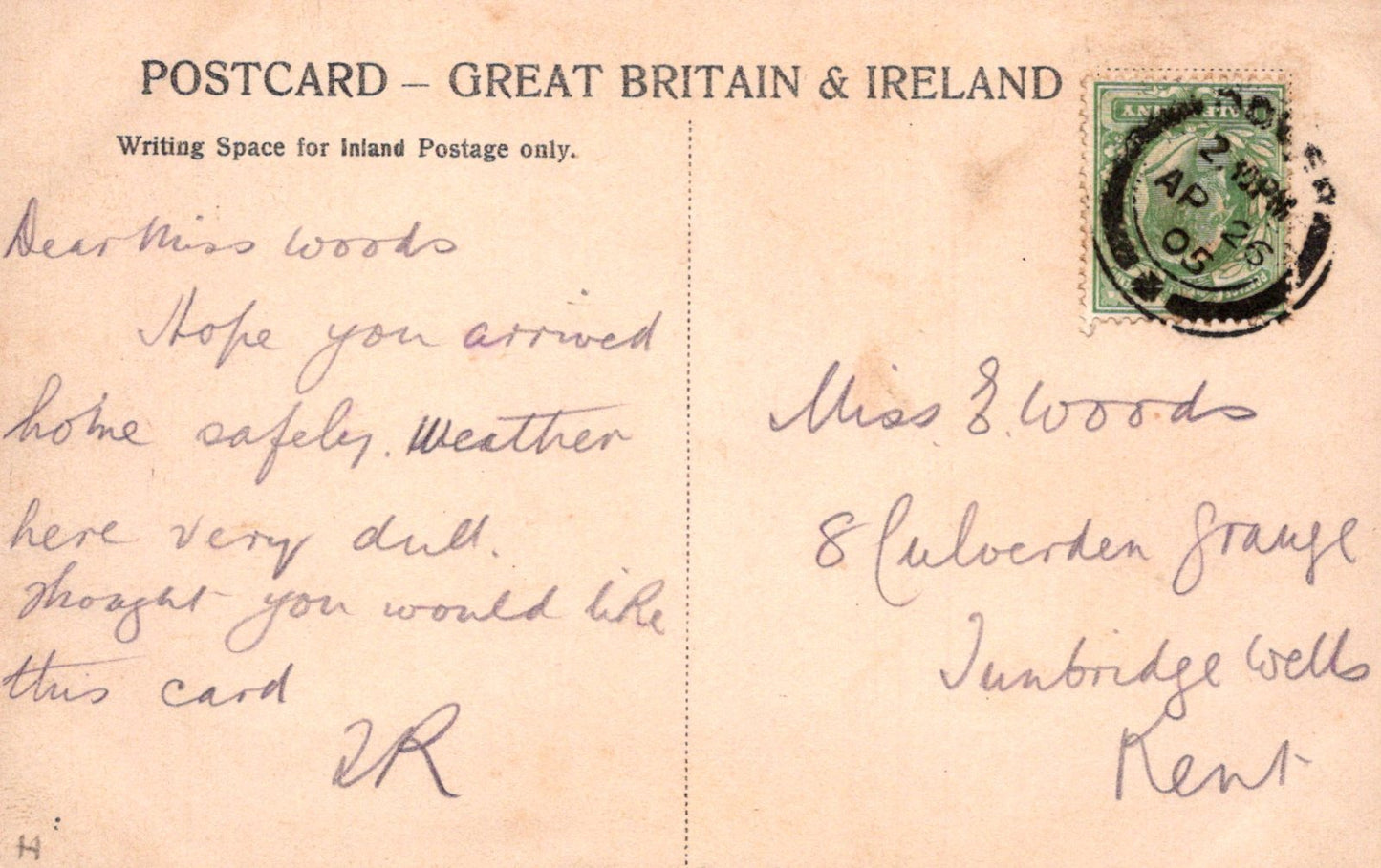 Vintage postcard from Great Britain & Ireland with handwritten text and a stamp.