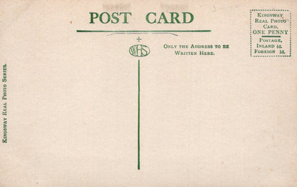 Vintage postcard with text and a logo on a beige background