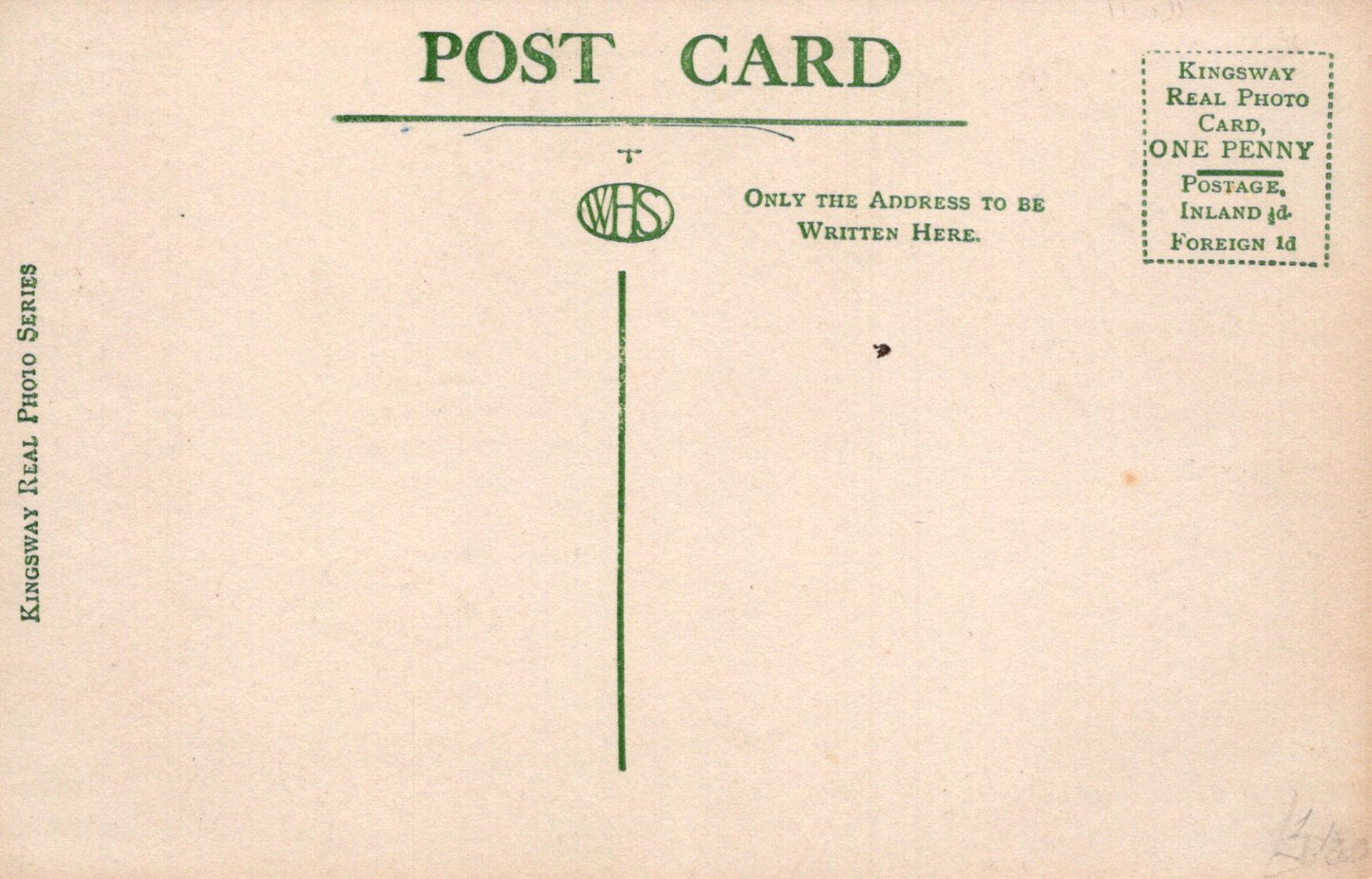 Vintage postcard with green text and a logo on a beige background