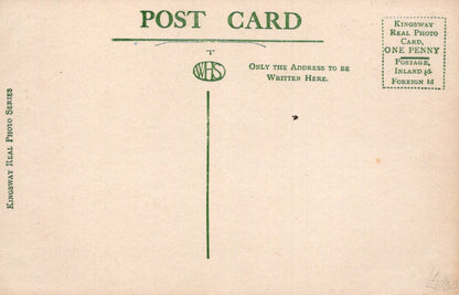 Vintage postcard with green text and a logo on a beige background