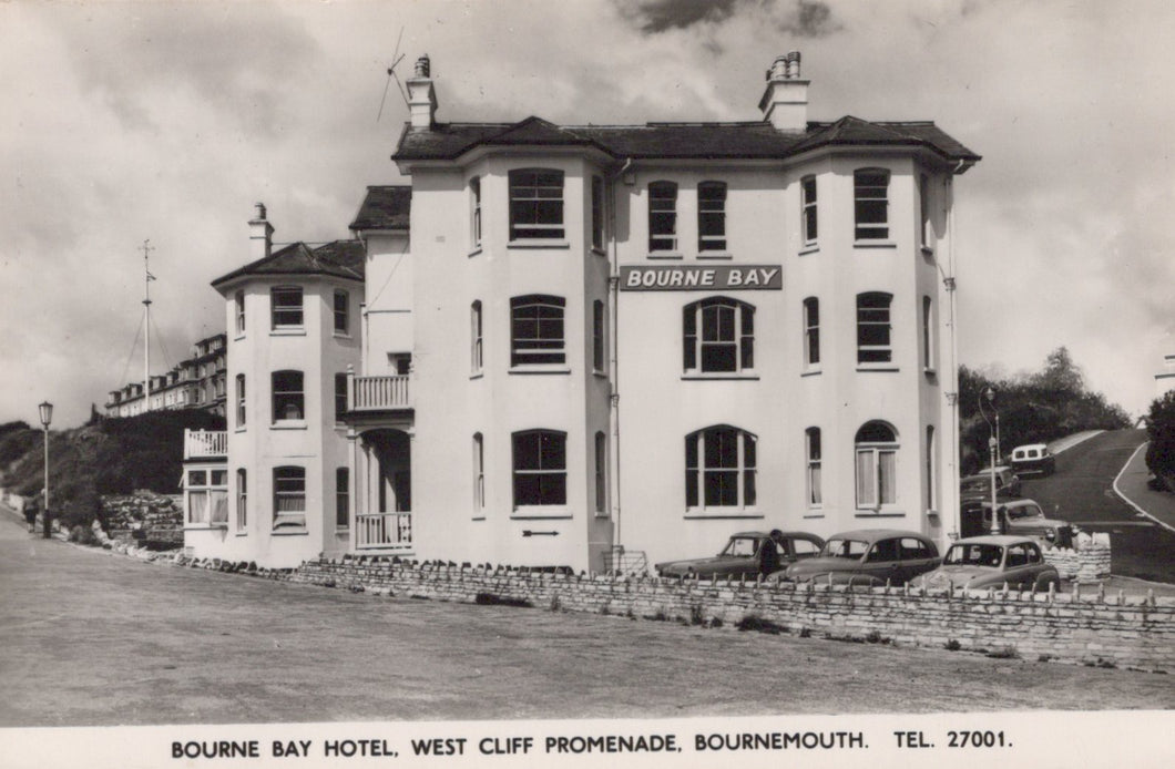 Vintage black and white photo of the Bourne Bay Hotel in Bournemouth