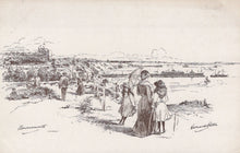 Load image into Gallery viewer, Vintage black and white illustration of people by a waterfront with a castle in the background
