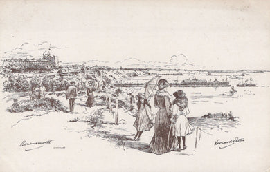 Vintage black and white illustration of people by a waterfront with a castle in the background