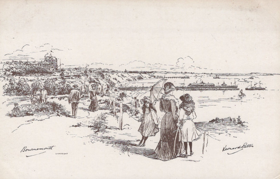 Vintage black and white illustration of people by a waterfront with a castle in the background