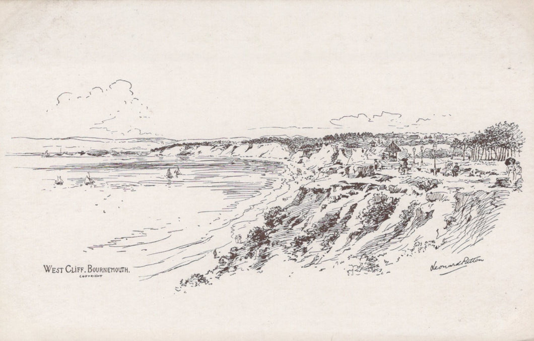 Black and white line drawing of a coastal landscape with cliffs and a beach.