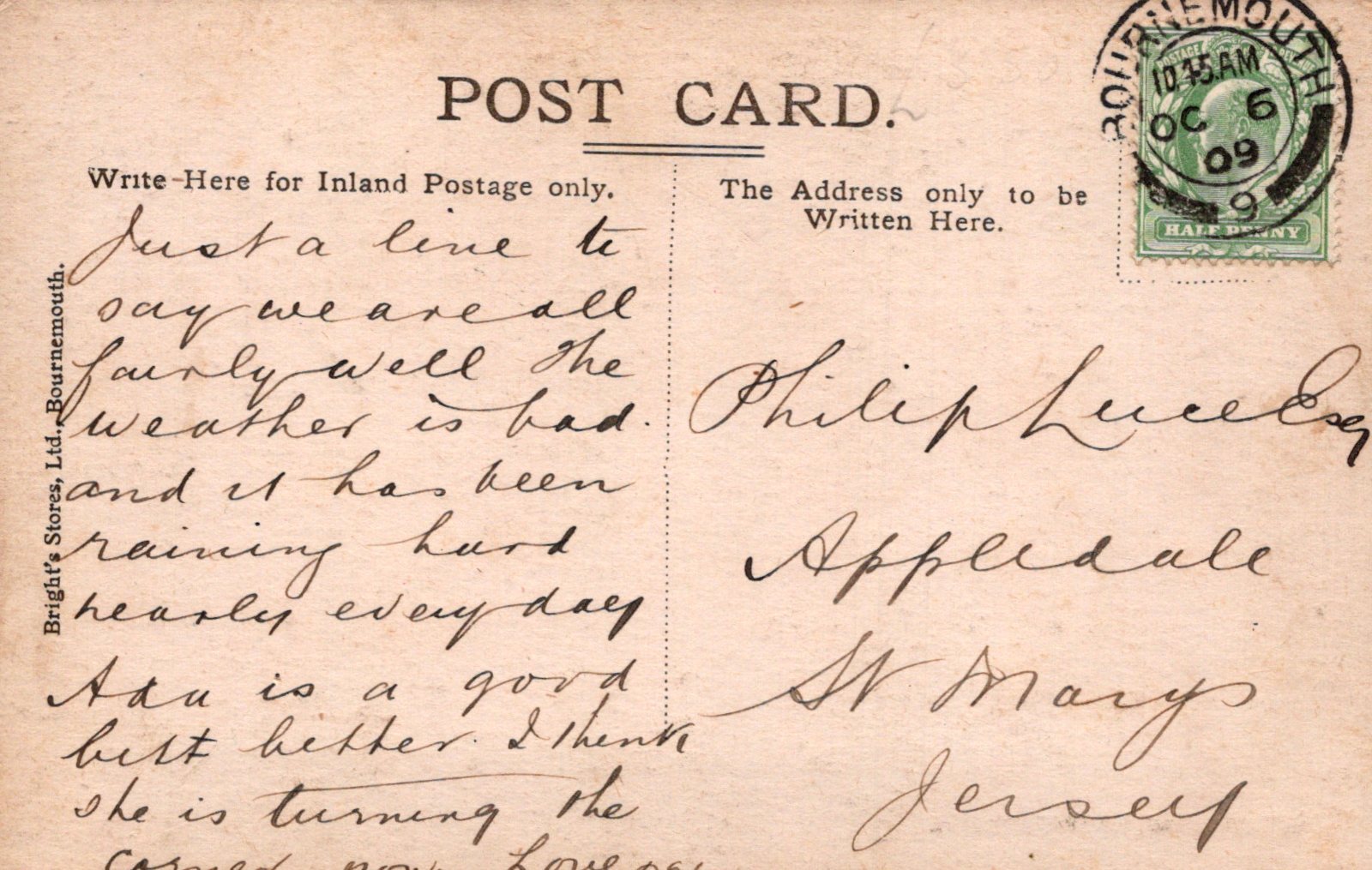 Vintage postcard with handwritten text and a stamp, featuring the address 'Appledale St Mary Jersey'.
