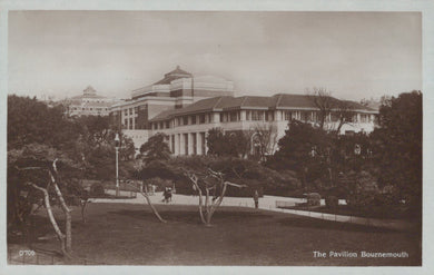 Vintage black and white photograph of a large building with 'The Pavilion Bournemouth' text.