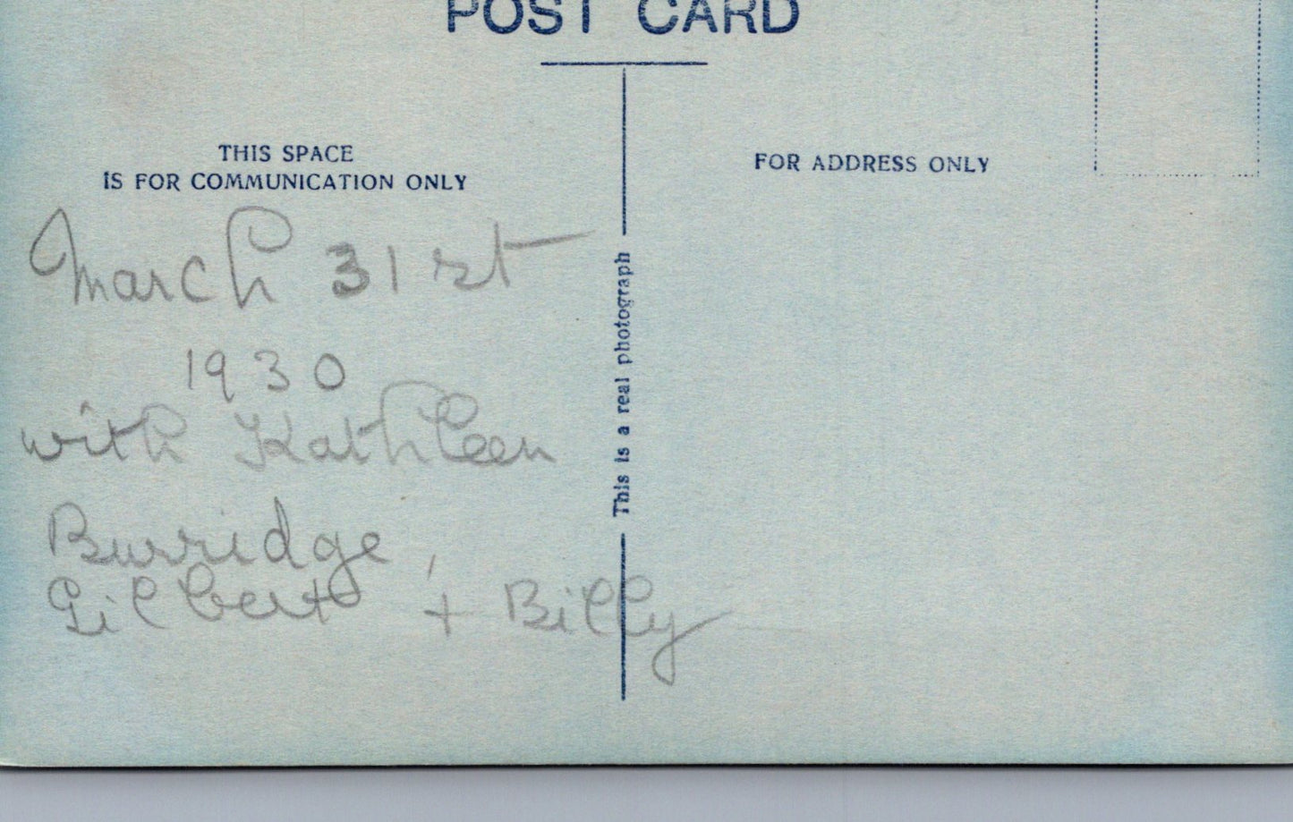 Vintage postcard with handwritten text on a light blue background