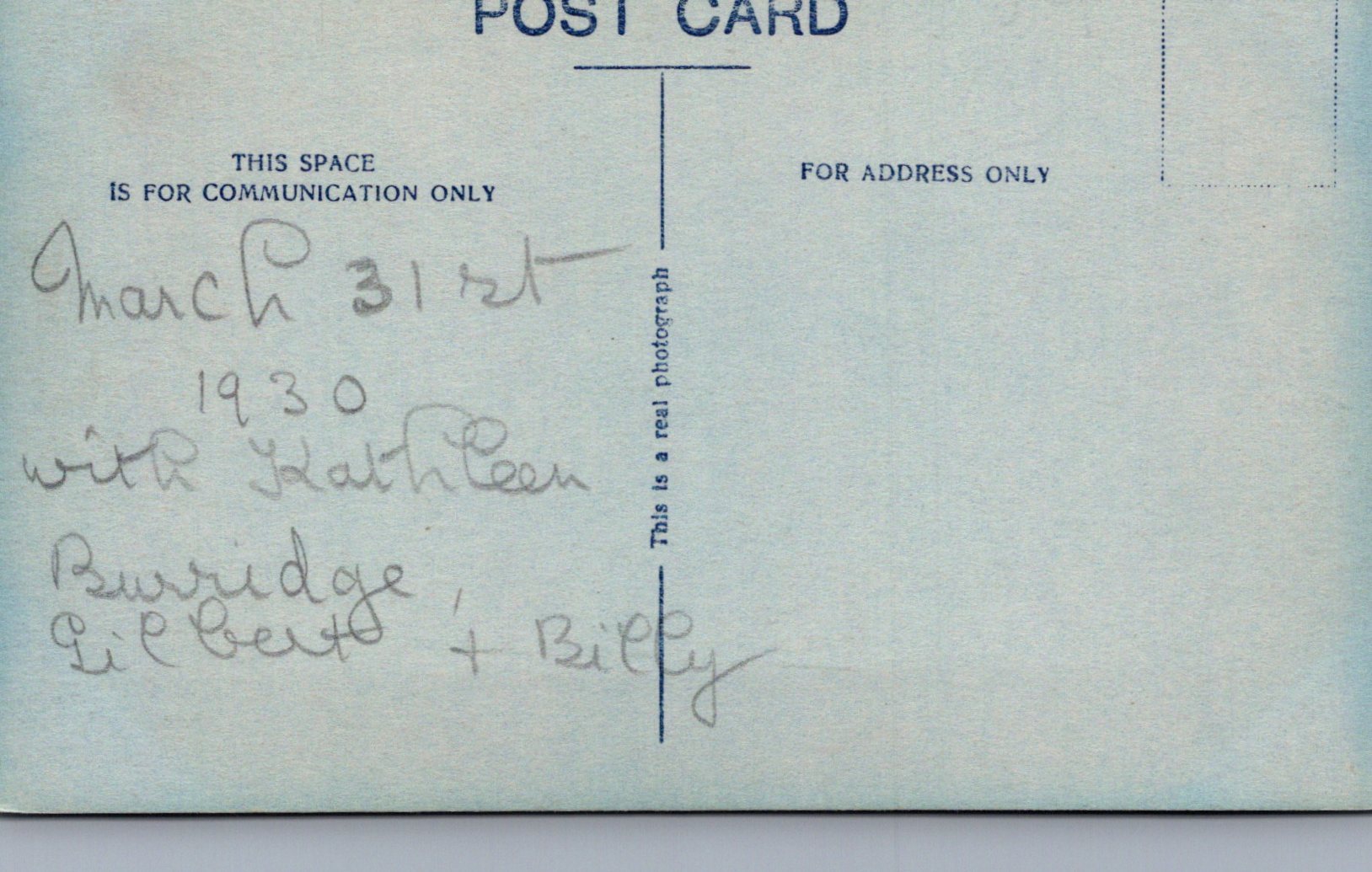 Vintage postcard with handwritten text on a light blue background