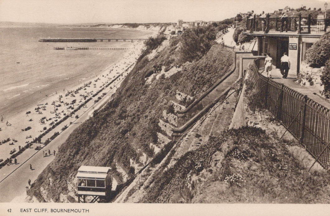 Vintage black and white photo of East Cliff in Bournemouth with a coastal view.