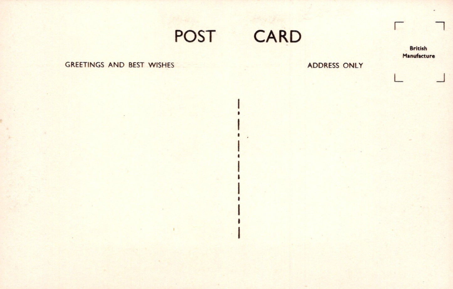 Back of a postcard with text and a dashed line