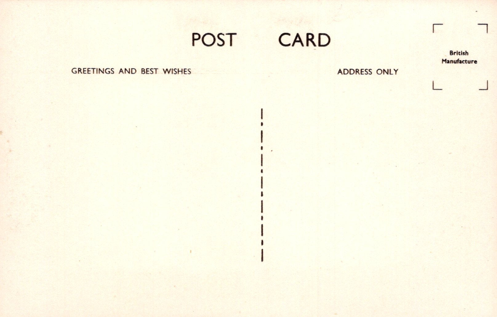 Back of a postcard with text and a dashed line