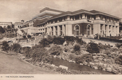 Vintage black and white photograph of a large building with gardens in front, labeled 'The Pavilion, Bournemouth'.
