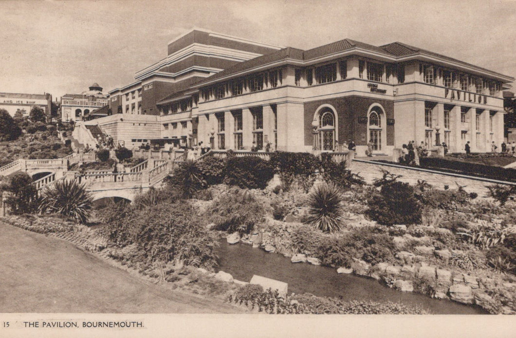 Vintage black and white photograph of a large building with gardens in front, labeled 'The Pavilion, Bournemouth'.