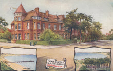 Load image into Gallery viewer, Vintage postcard of a large brick building with scenic insets of a lake and woods.
