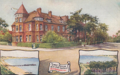 Vintage postcard of a large brick building with scenic insets of a lake and woods.