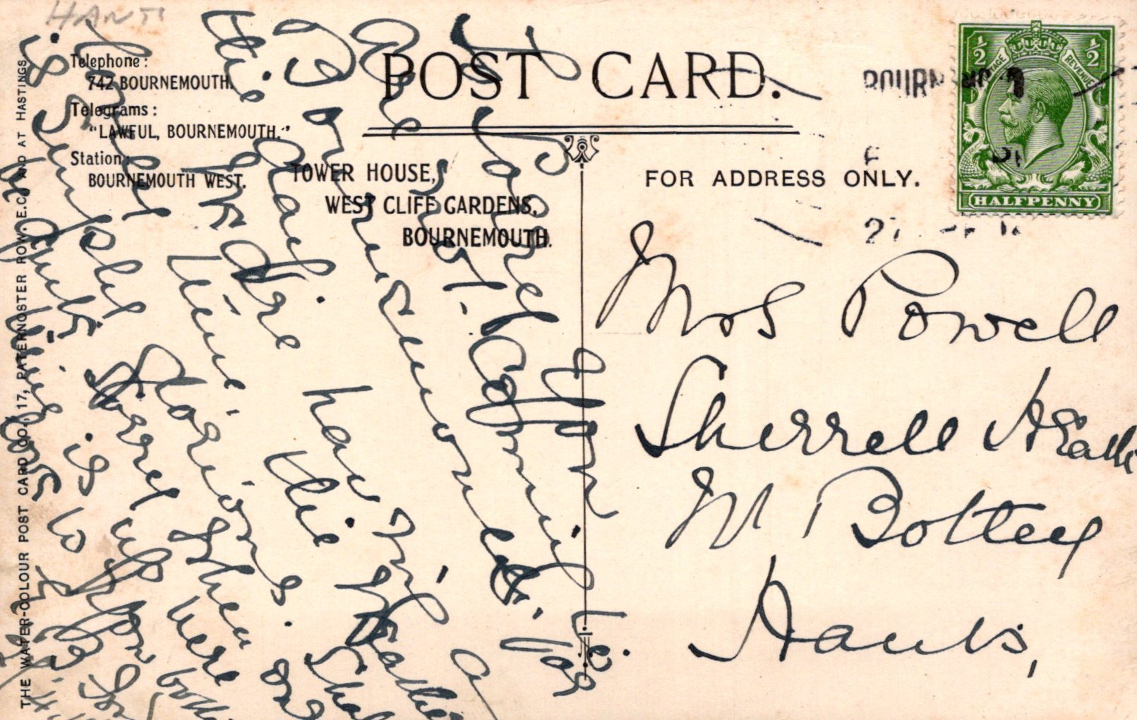 Vintage postcard with handwritten text and a stamp, featuring the sender's address and recipient's name.