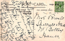 Load image into Gallery viewer, Vintage postcard with handwritten text and a stamp, featuring the sender&#39;s address and recipient&#39;s name.
