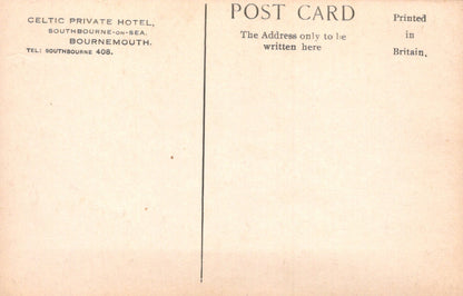 Back of a vintage postcard with printed text about Celtic Private Hotel, Southbourne-on-Sea, Bournemouth.