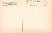 Load image into Gallery viewer, Back of a vintage postcard with printed text about Celtic Private Hotel, Southbourne-on-Sea, Bournemouth.
