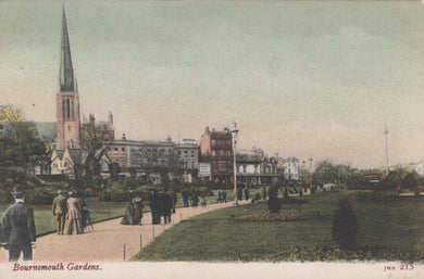Vintage postcard of Bournemouth Gardens with a church spire and people walking.