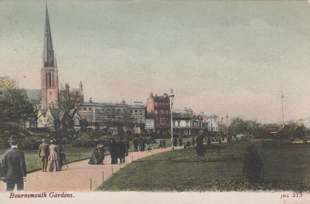 Vintage postcard of Bournemouth Gardens with a church spire and people walking.