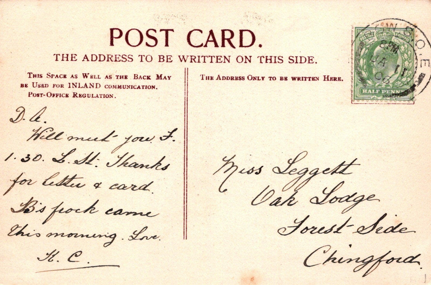 Vintage postcard with handwritten text and a stamp, featuring airmail label.