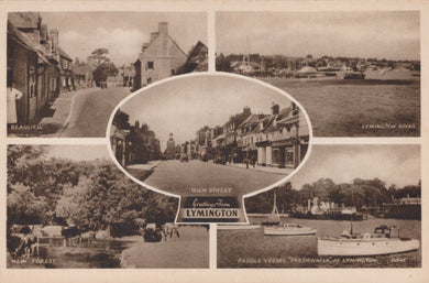 Multiview postcard of Lymington featuring various scenes including a street, a river, and buildings.