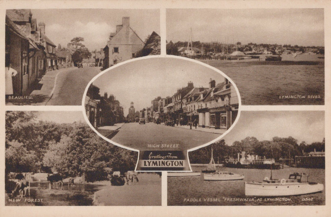 Multiview postcard of Lymington featuring various scenes including a street, a river, and buildings.