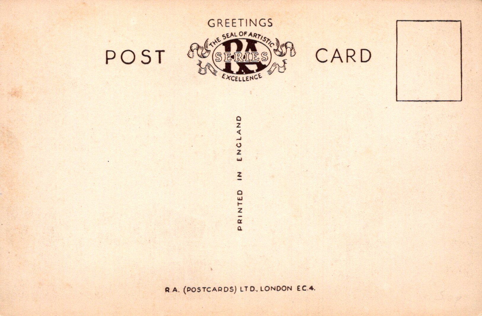 Vintage postcard with 'RA' logo and text on a beige background