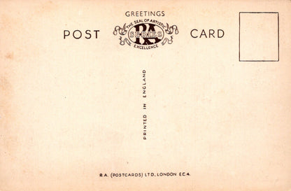 Vintage postcard with 'RA' logo and text on a beige background