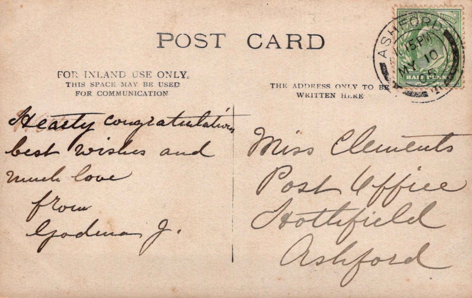Vintage postcard with handwritten text and a stamp, featuring 'Post Card' and 'For Inland Use Only' text.