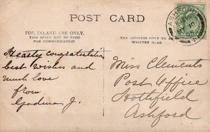 Vintage postcard with handwritten text and a stamp, featuring 'Post Card' and 'For Inland Use Only' text.
