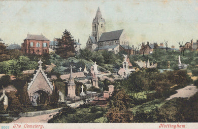 Vintage postcard of a cemetery with a church and gravestones in Nottingham, England.