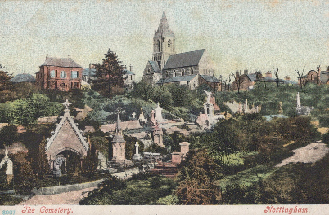 Vintage postcard of a cemetery with a church and gravestones in Nottingham, England.