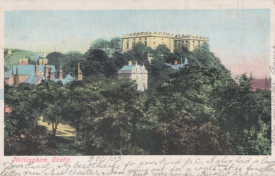 Vintage postcard of a castle on a hill with trees and buildings in the foreground.