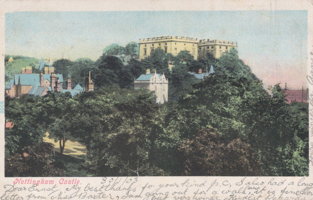 Vintage postcard of a castle on a hill with trees and buildings in the foreground.