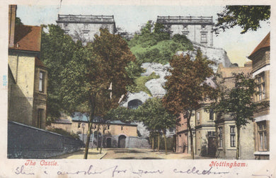 Vintage postcard of a castle with trees and buildings in the foreground