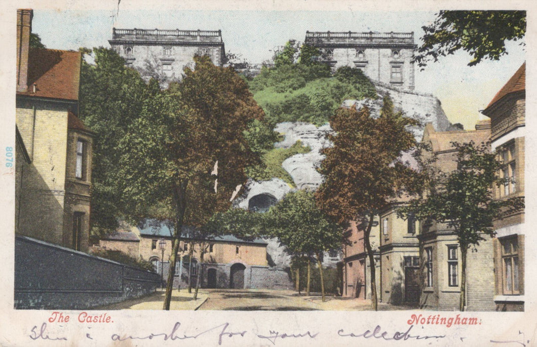 Vintage postcard of a castle with trees and buildings in the foreground