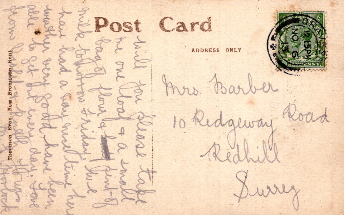 Vintage postcard with handwritten text and a stamp, featuring the address 'Mrs. Barber, 10 Ridgeway Road, Redhill, Surrey'.