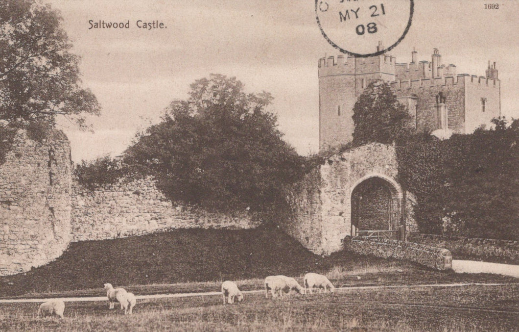 Vintage photograph of Saltwood Castle with sheep grazing in the foreground