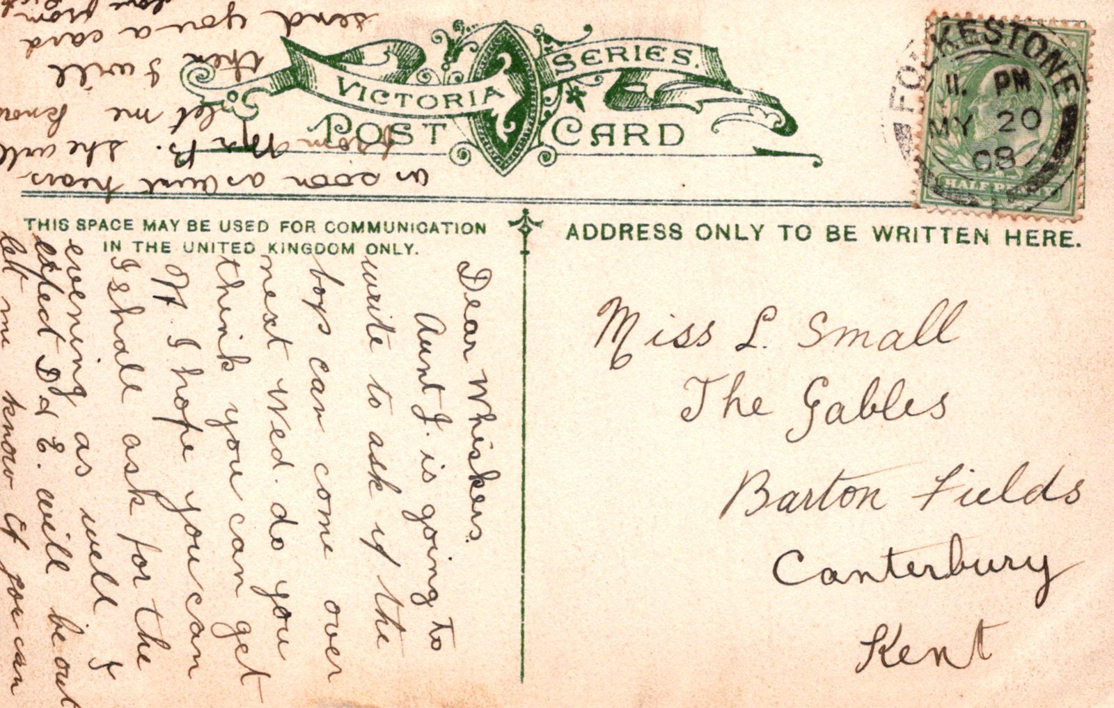 Vintage Victoria Post Card with text and stamp